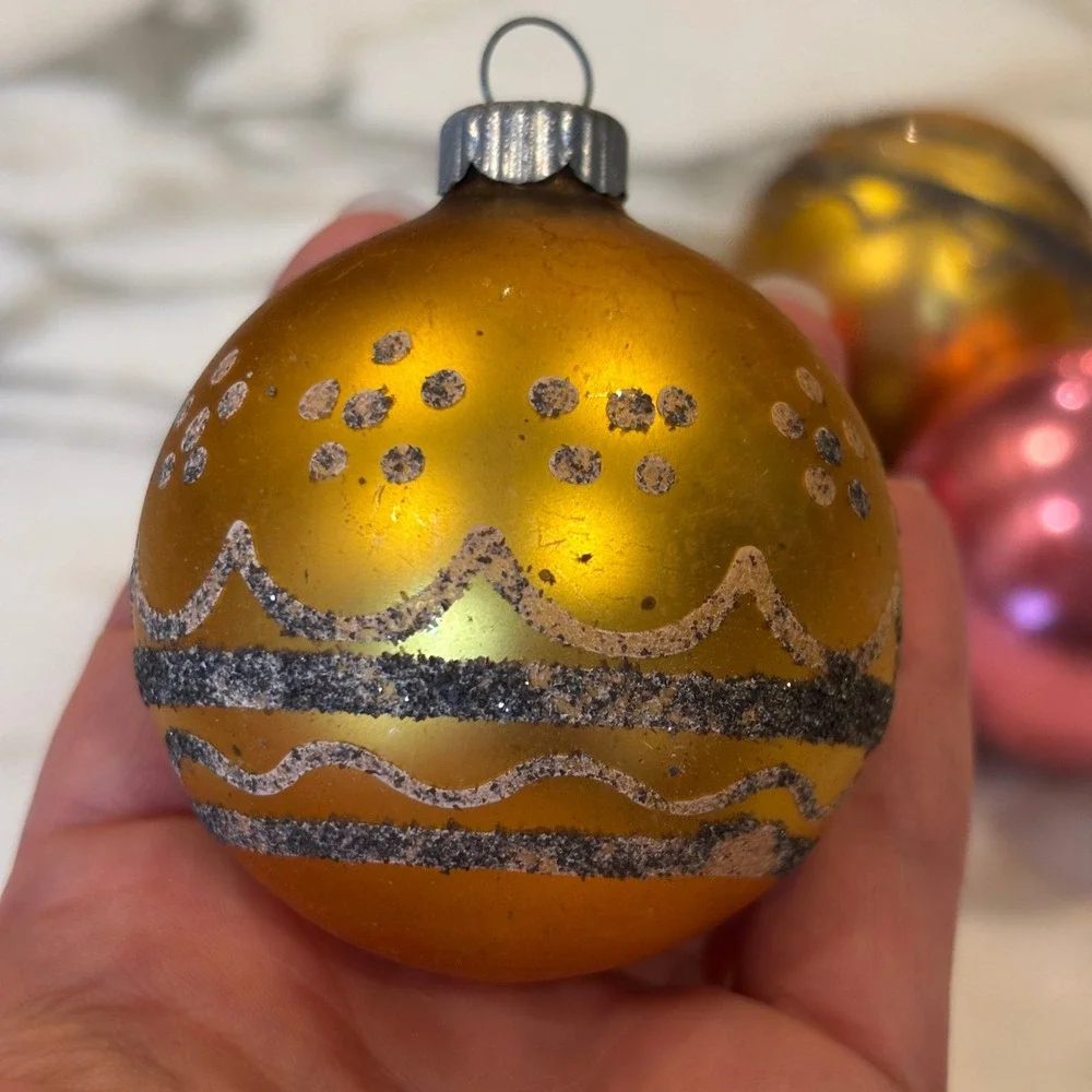Shiny Brite Vintage Mica Glitter Stencil Glass Christmas Ornaments Pink Gold